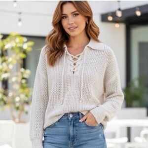 Joie Cream Lace-Up V-Neck Sweater NWOT M